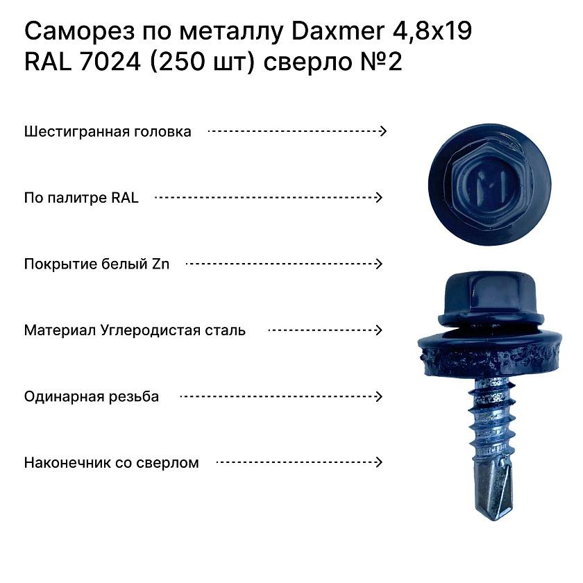 Саморез по металлу Daxmer 4,8х19 RAL 7024 (250 шт) сверло №2