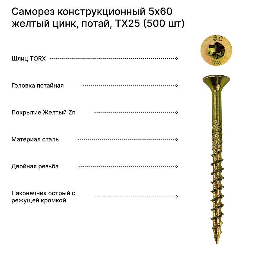 Саморез конструкционный 5x60 желтый цинк, потай, TX25 (500 шт)
