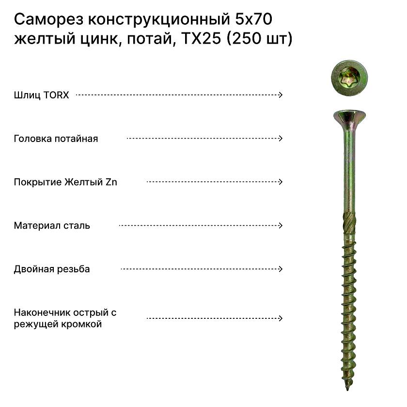 Саморез конструкционный 5x70 желтый цинк, потай, TX25 (250 шт)