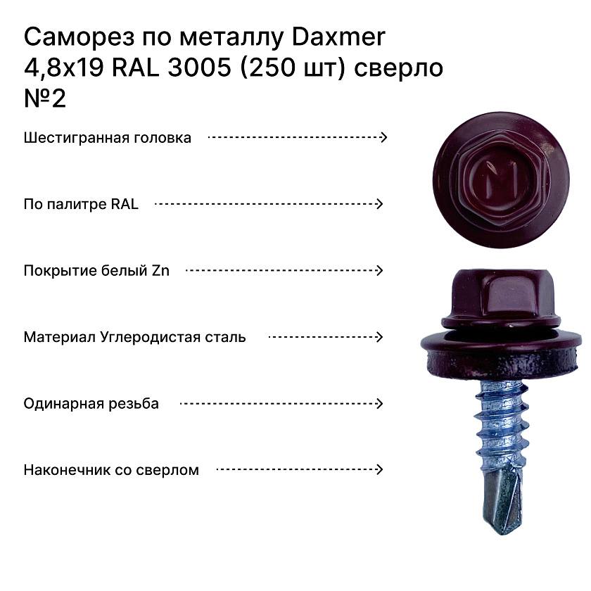 Саморез по металлу Daxmer 4,8х19 RAL 3005 (250 шт) сверло №2