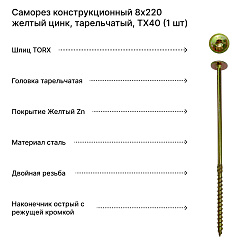 Саморез конструкционный 8х220 желтый цинк, тарельчатый, TX40 (1 шт)