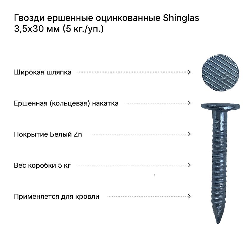 Гвозди ершенные оцинкованные Shinglas 3,5х30 мм (5 кг./уп.)